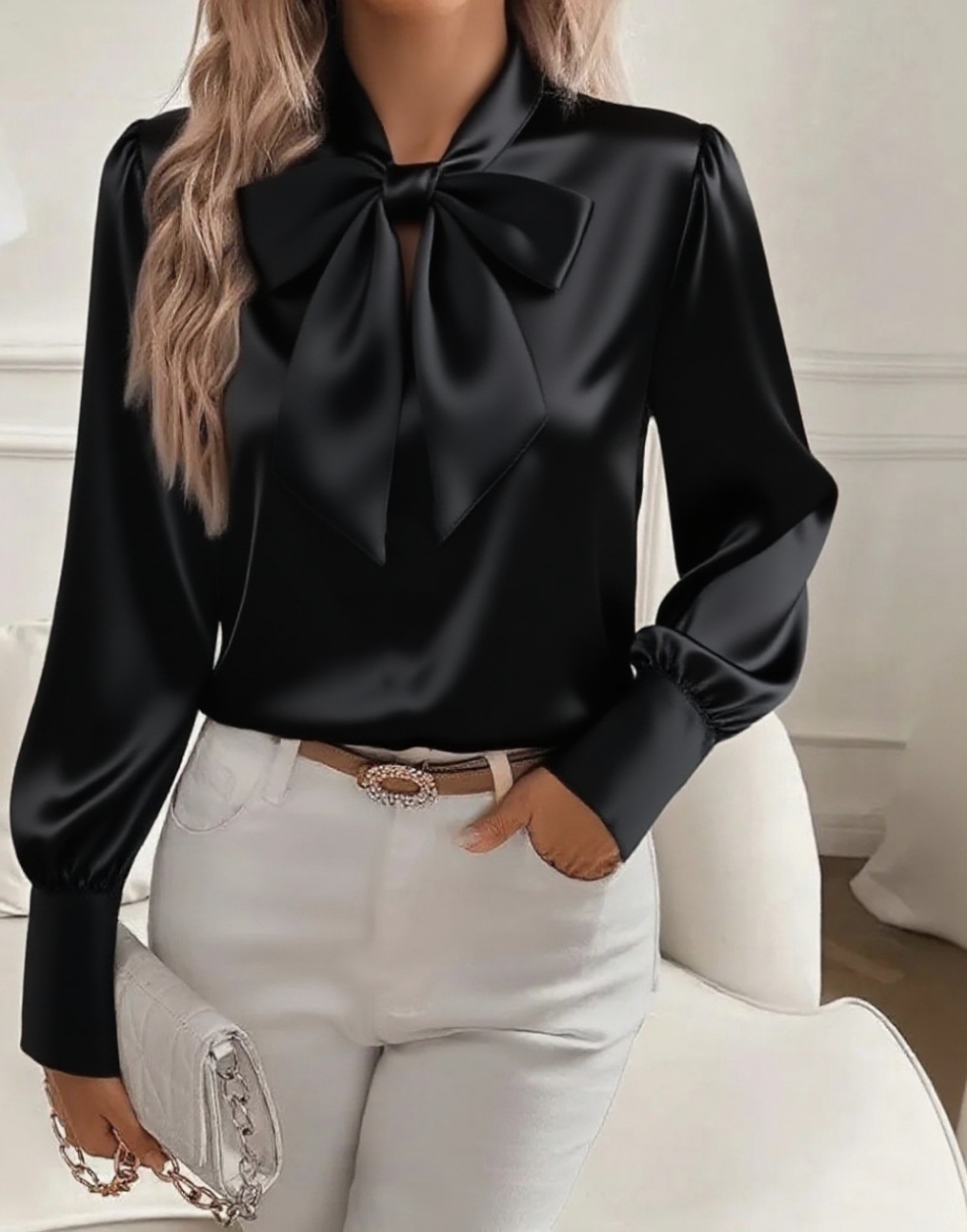 Women's Pure Color Casual Versatile Bow Satin Shirt