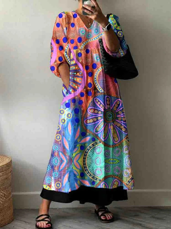 European And American Women's Casual Fashion Printing V-neck Mid-length Dress