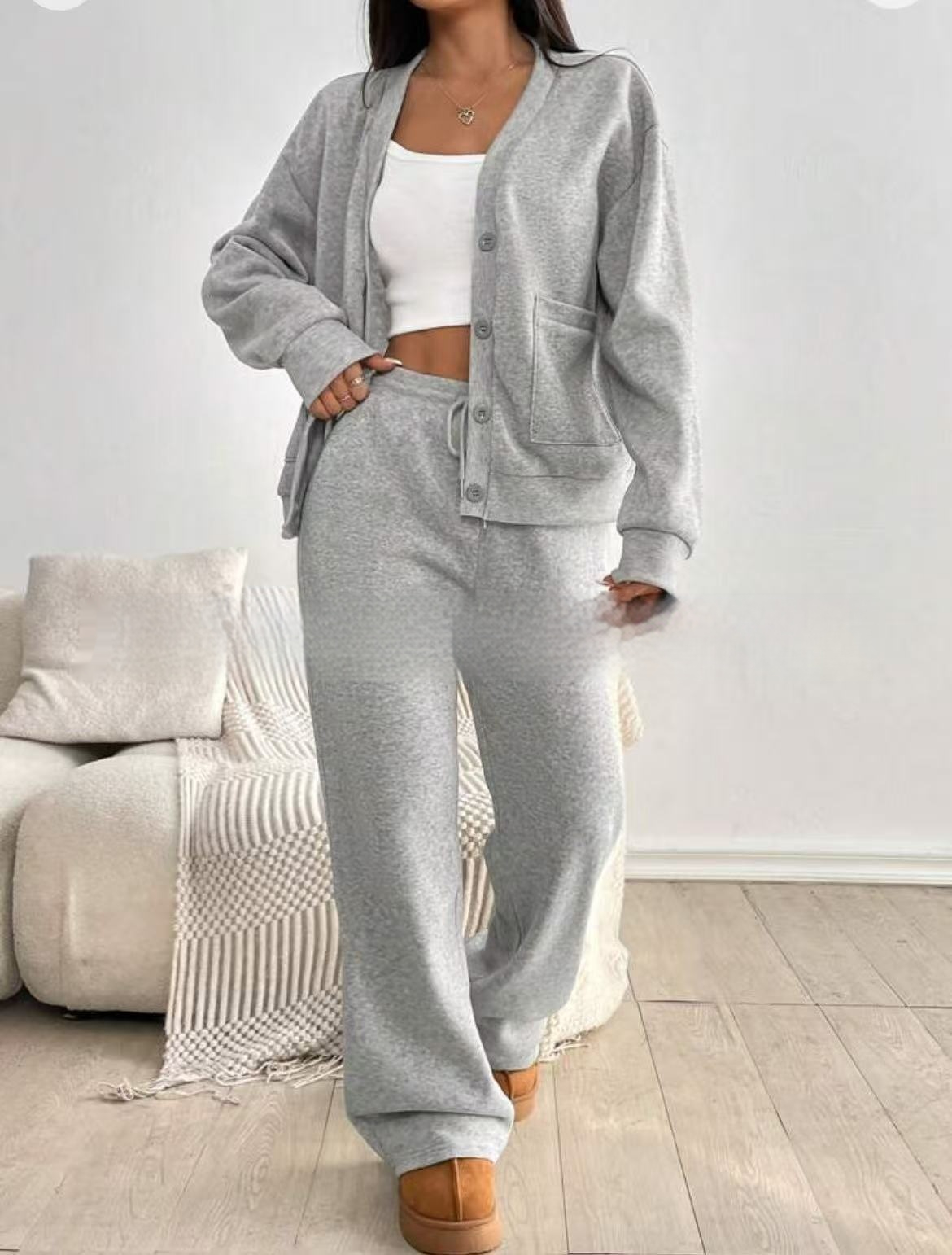 Autumn And Winter Women's Cardigan Jacket Wide Leg Pants Casual Suit