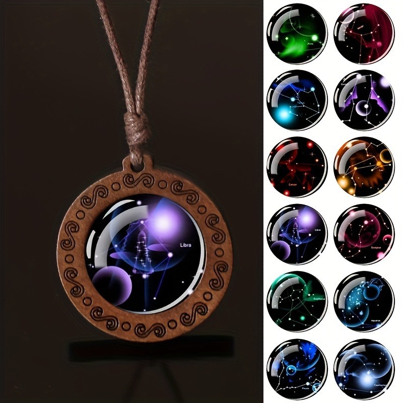 Zodiac Glass Pendant Vintage Necklace