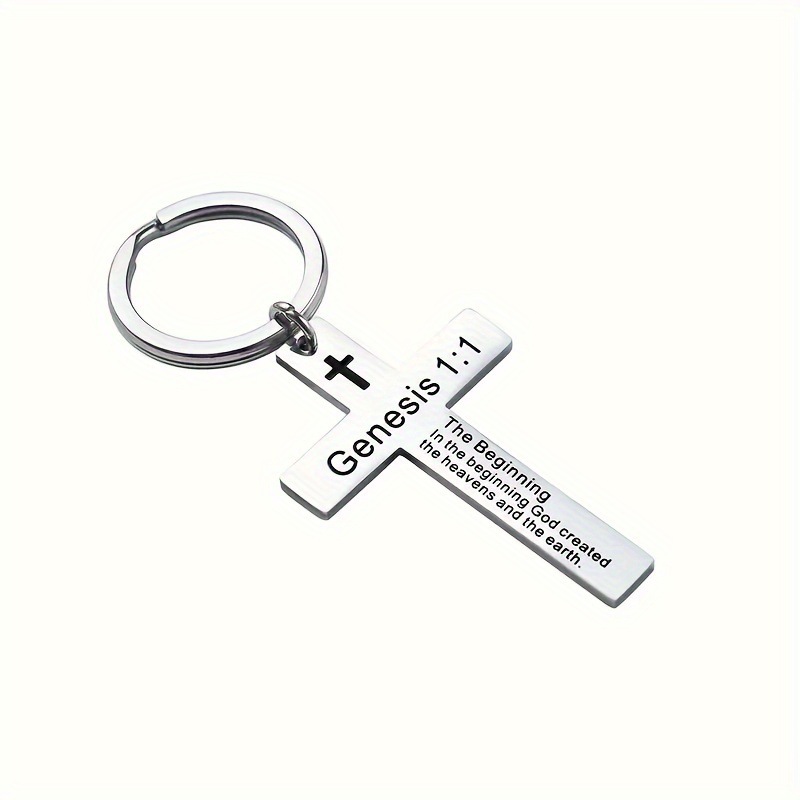 Personality Trend Stainless Steel Faith Cross Scripture Lettering Metal Keychains
