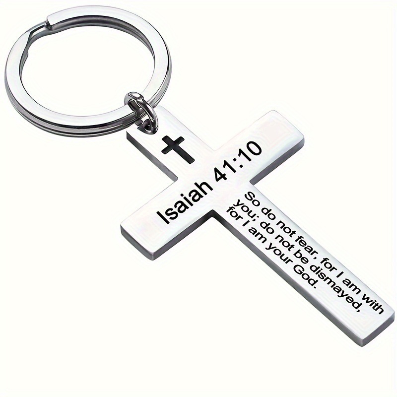 Personality Trend Stainless Steel Faith Cross Scripture Lettering Metal Keychains