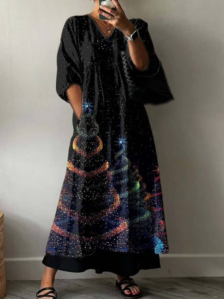 European And American Women's Casual Fashion Printing V-neck Mid-length Dress