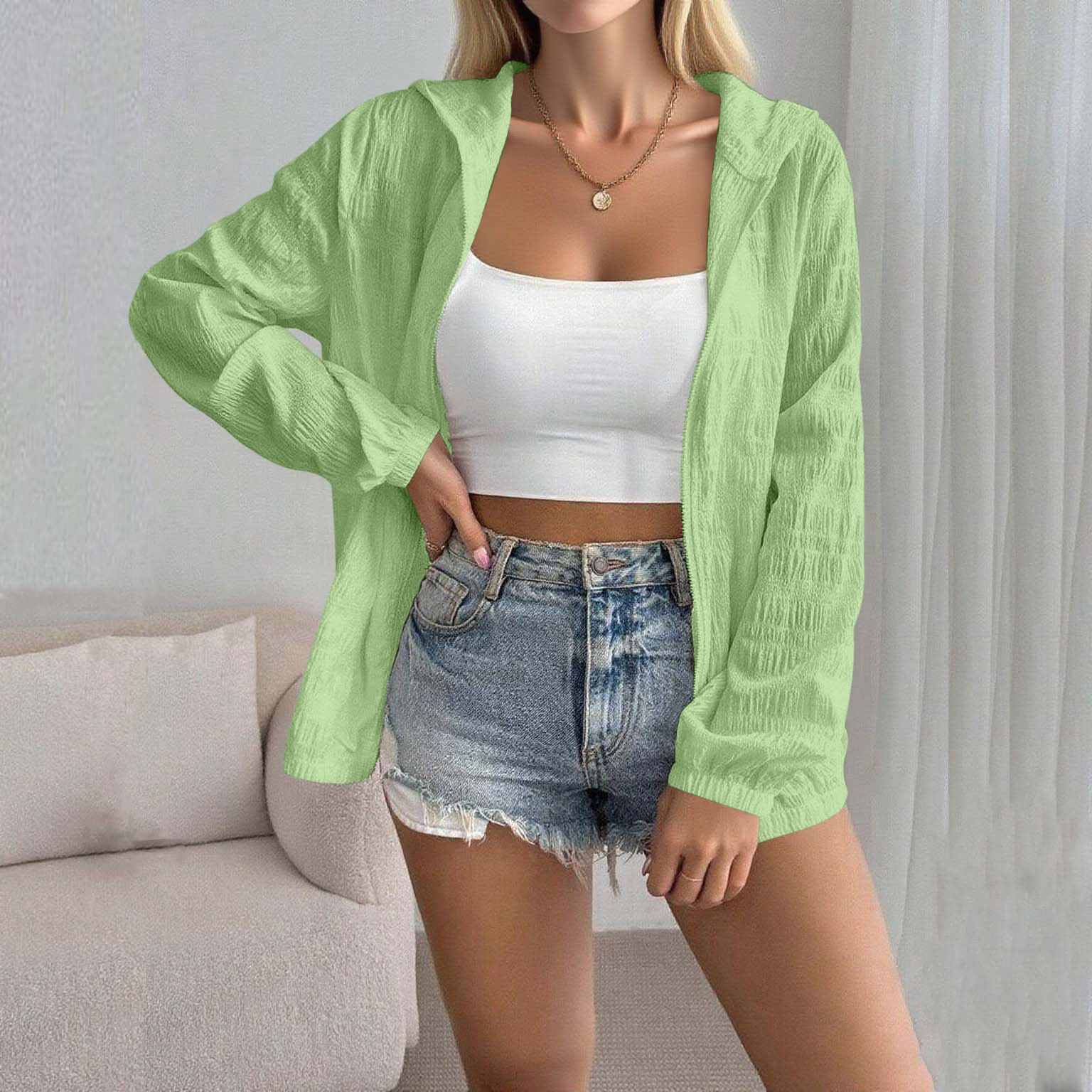 Women's Solid Color Jacquard Long Sleeve Cardigan Top