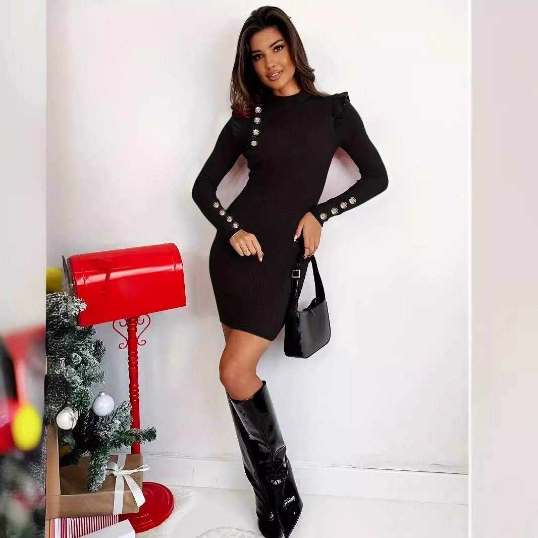 Women's Temperament Long Sleeve Solid Color Buttons Decorative Short Dress