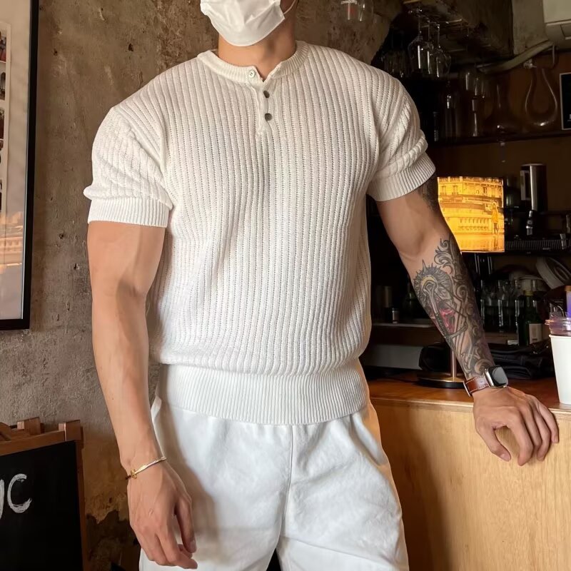 Short Sleeve Men's Vertical Stripes Ice Silk Breathable Slim Fit