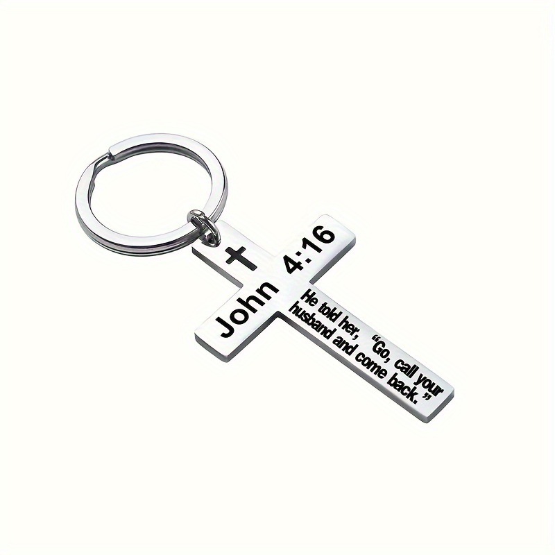 Personality Trend Stainless Steel Faith Cross Scripture Lettering Metal Keychains