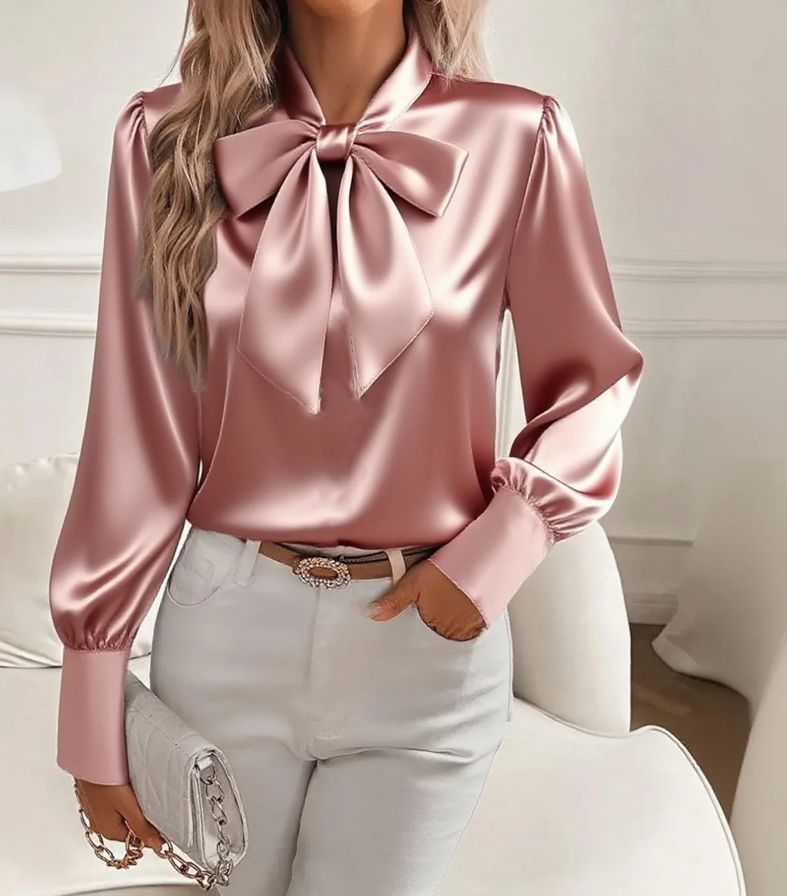 Women's Pure Color Casual Versatile Bow Satin Shirt