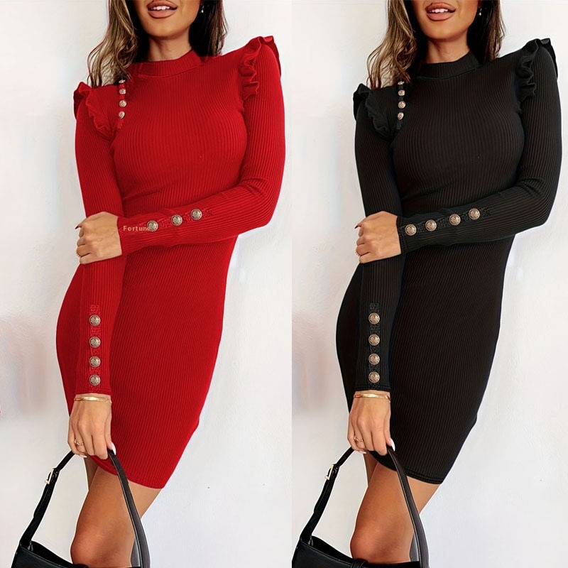 Women's Temperament Long Sleeve Solid Color Buttons Decorative Short Dress