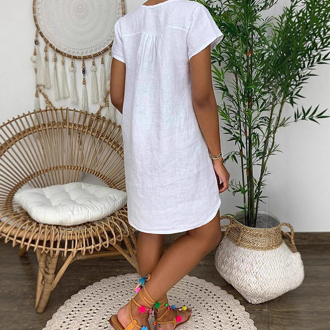 Women's Loose Short-sleeved V-neck Solid Color Fashion Casual Dress