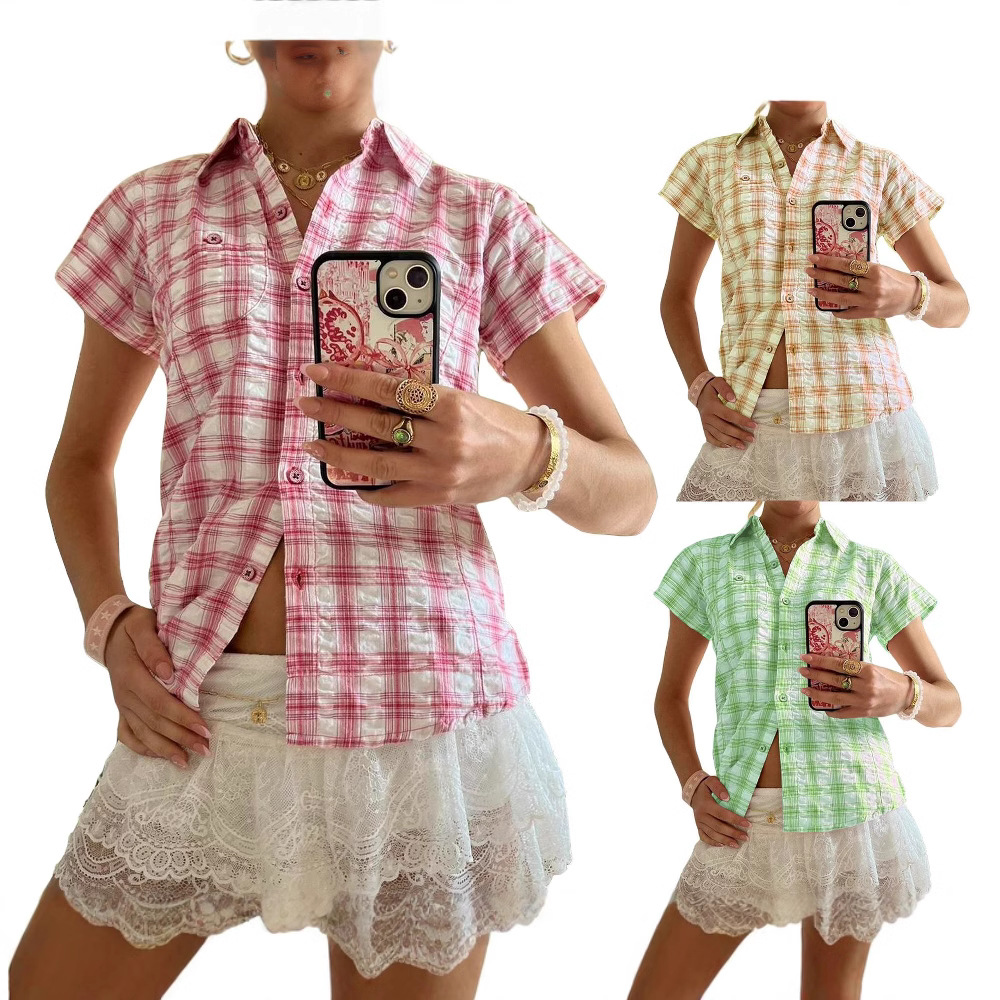 Women's Short-sleeved Plaid Shirt Niche Loose All-matching