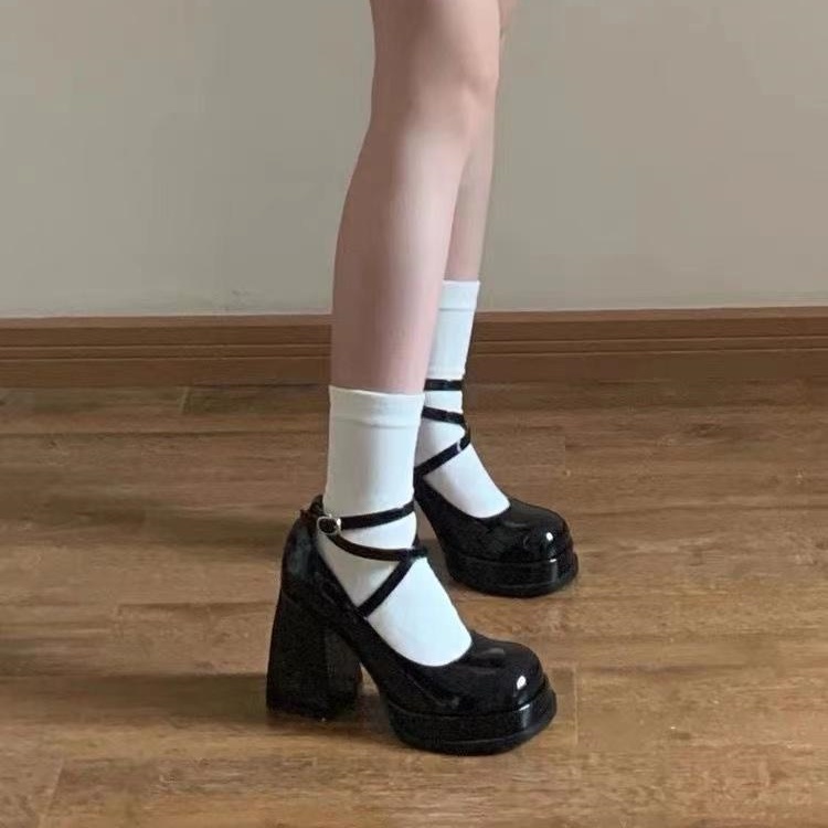 High Heel Thick Bottom Shallow Mouth Leather Shoes With Small Strap