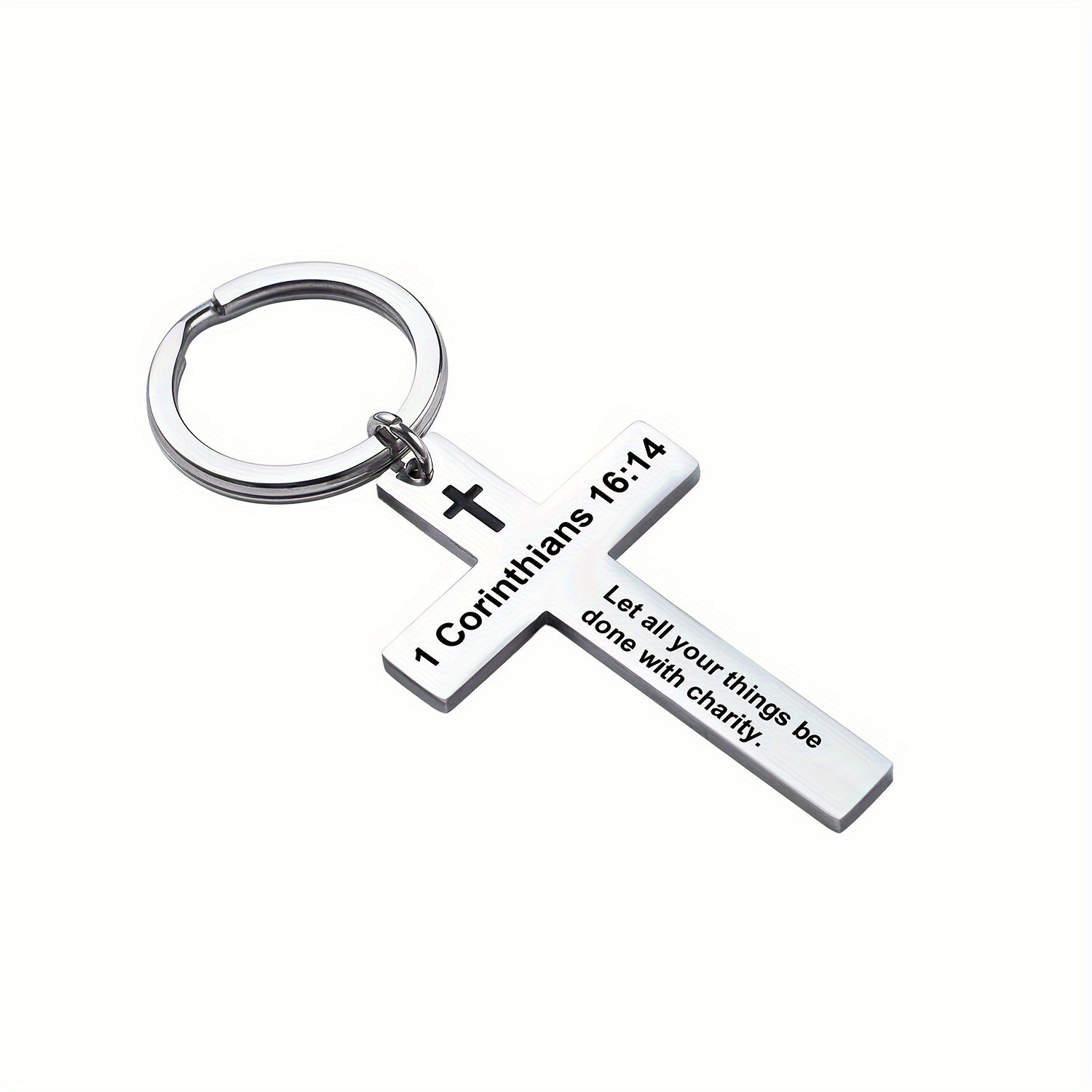 Personality Trend Stainless Steel Faith Cross Scripture Lettering Metal Keychains