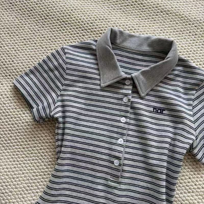 Vintage Stripe Short Sleeve Women's New All-match Design Sense Slim Fit Slimming