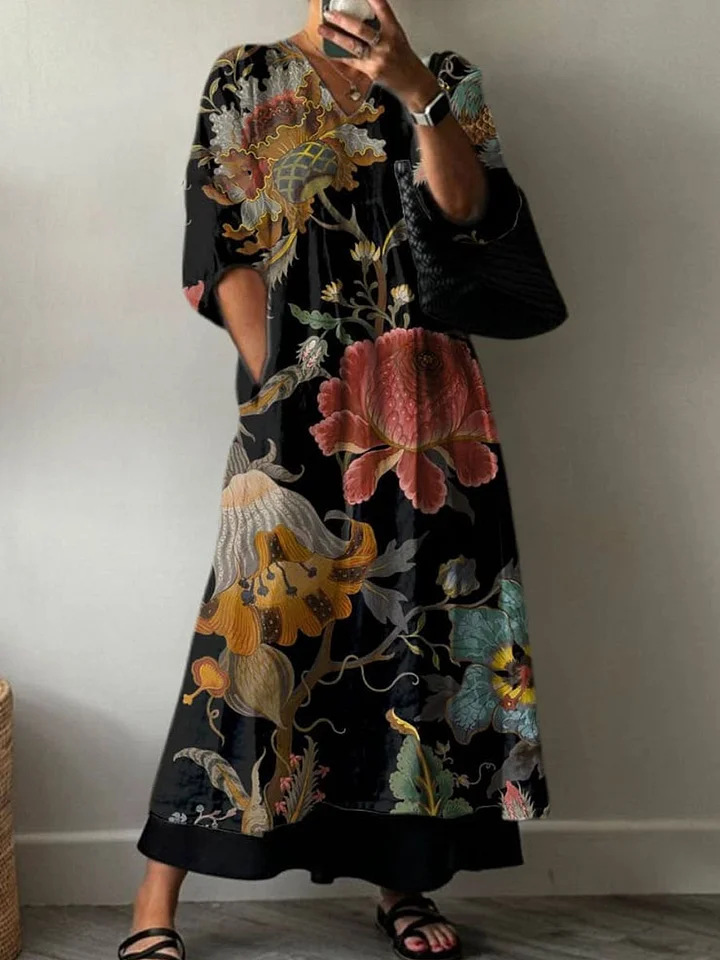 European And American Women's Casual Fashion Printing V-neck Mid-length Dress