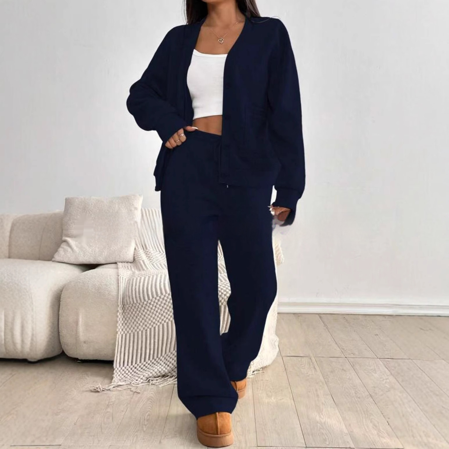 Autumn And Winter Women's Cardigan Jacket Wide Leg Pants Casual Suit